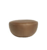 The Fable Ottoman | Leather by Wooden Stories is a round, brown ottoman with smooth leather upholstery and a gently flattened top, inspired by modern Danish design, shown against a plain white background.