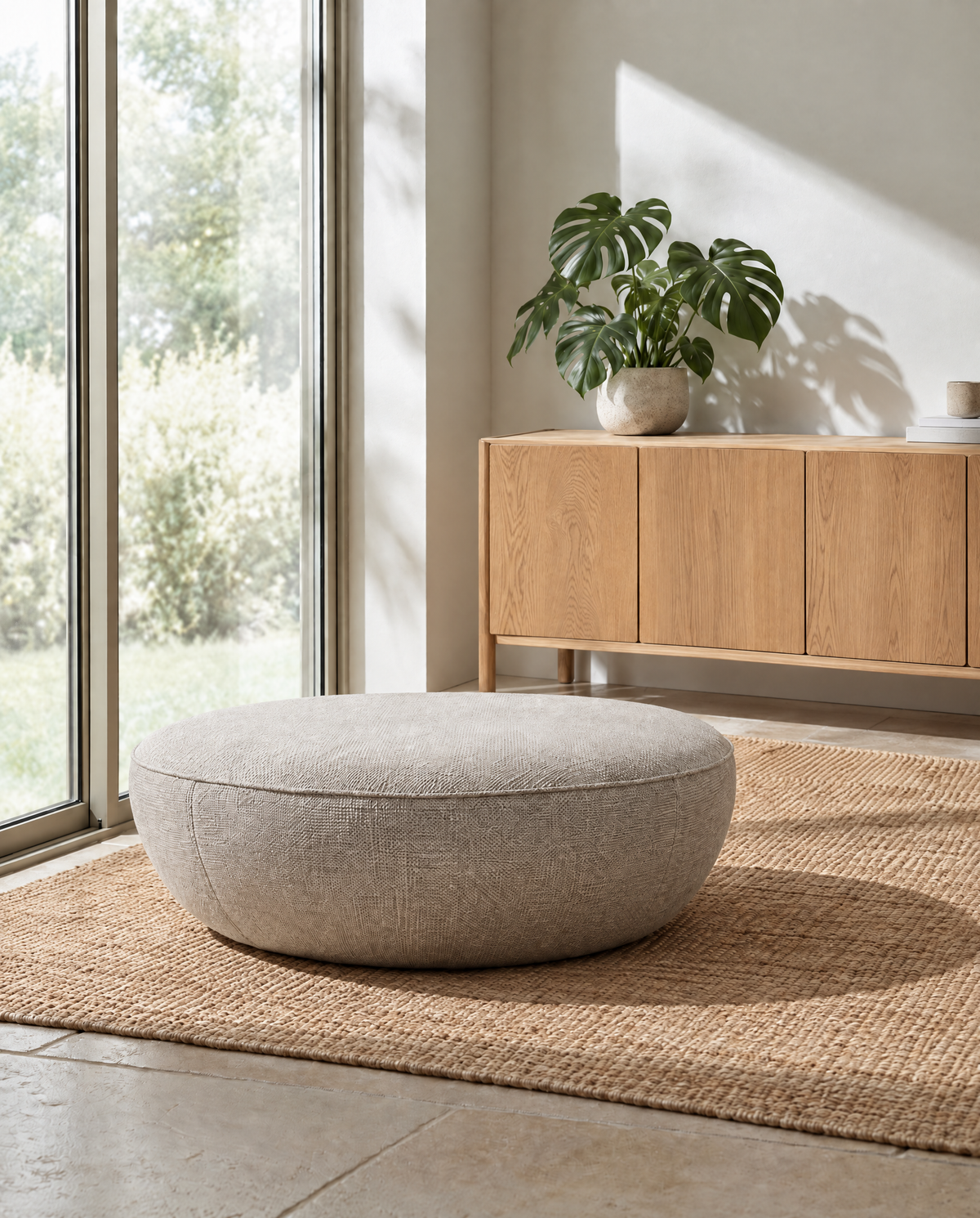 A round, light gray Fable Ottoman | Fabric by Wooden Stories from the Danish Collection sits on a woven rug in a bright room with a large window, a wooden sideboard, and a potted plant on top, offering an inviting extra seat for guests.