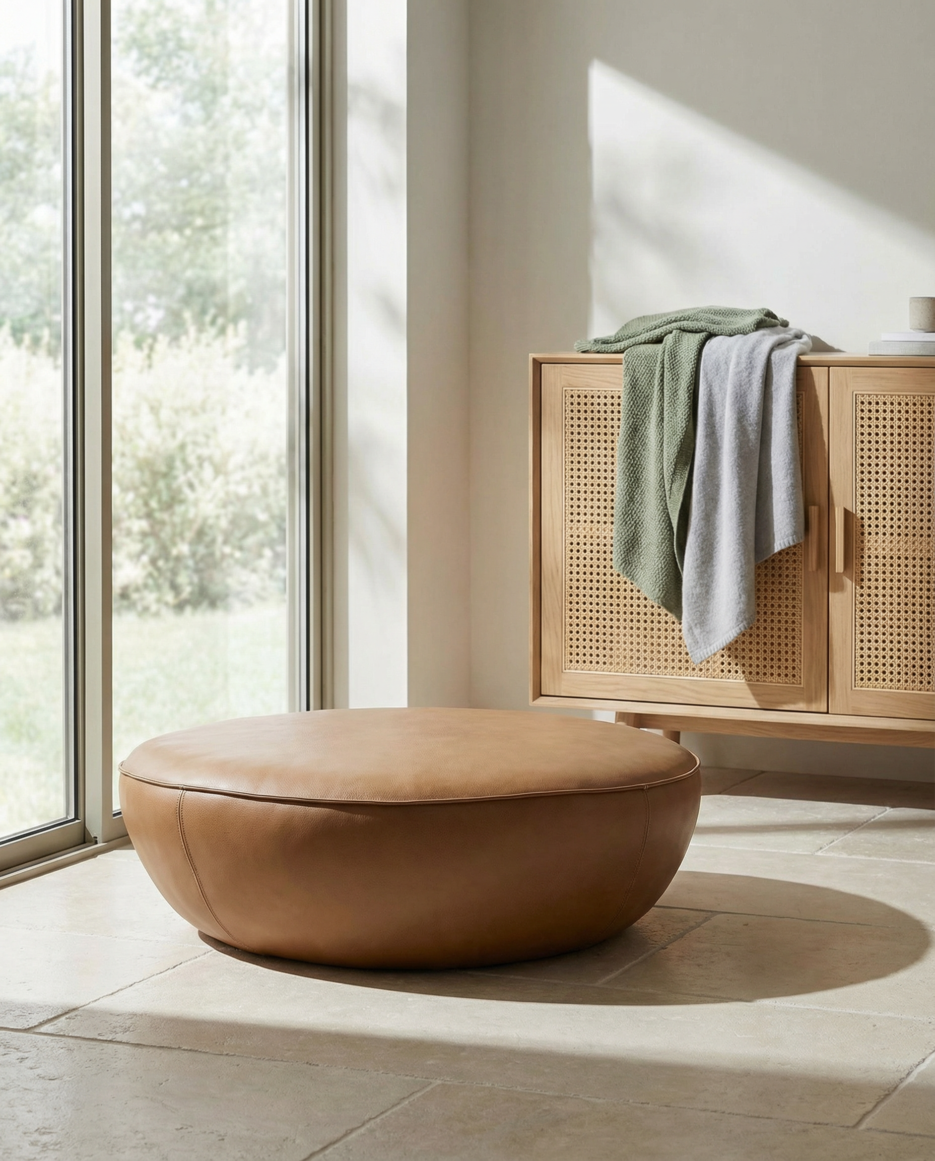 The Fable Ottoman | Leather by Wooden Stories, in tan leather and round shape, sits on tiled floors near large windows. Behind it, a wooden cabinet with woven doors holds green and gray towels as sunlight brightens the minimalist space.