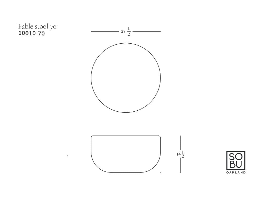 Minimalist line drawing of the Fable Ottoman | Fabric by Wooden Stories, shown in top and side views with measurements: 27.5&quot; wide, 14.5&quot; tall. Includes model number 10010-70 and SOBU Oakland logo. Inspired by Danish design lines.