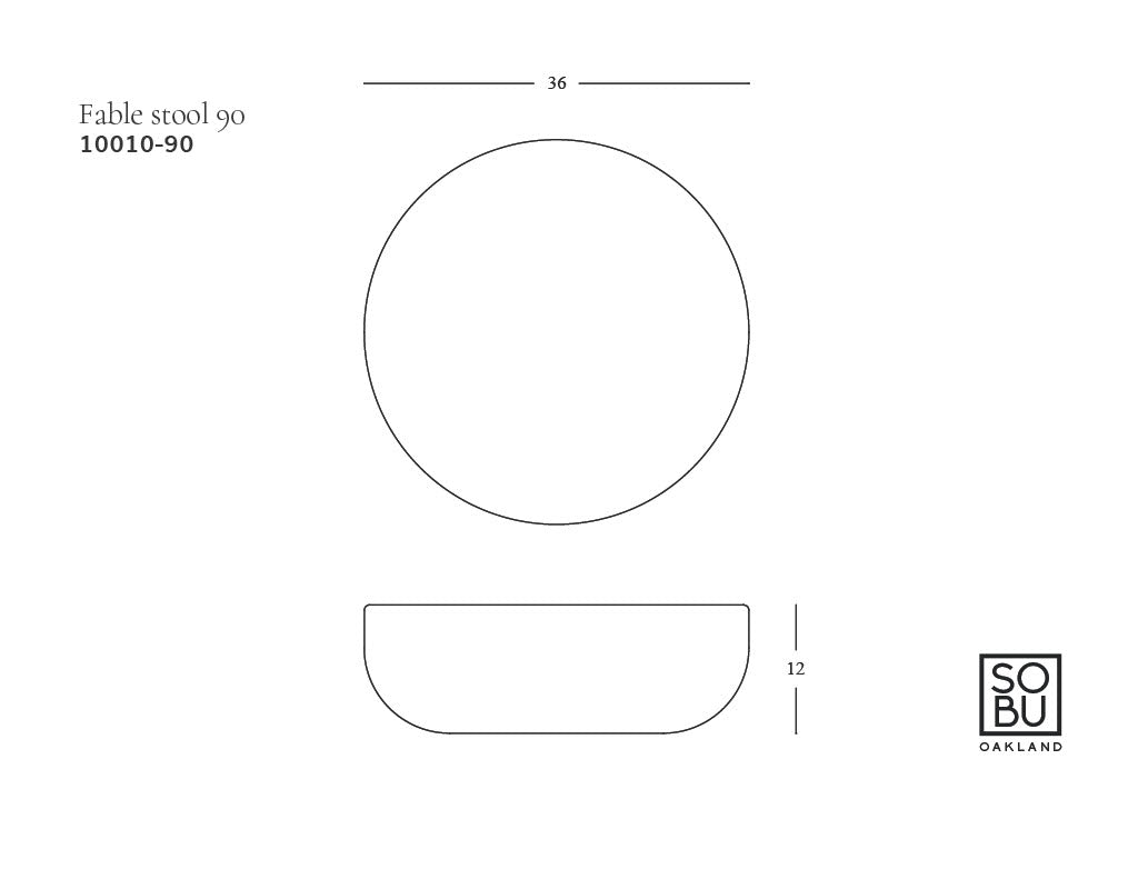 Line drawing of the Fable Ottoman | Fabric by Wooden Stories, inspired by Danish lines—top view shows a 36-unit diameter circle, side view a 12-unit high rounded rectangle. Includes &quot;Ottoman&quot; text and SOBU Oakland logo. Natadora.