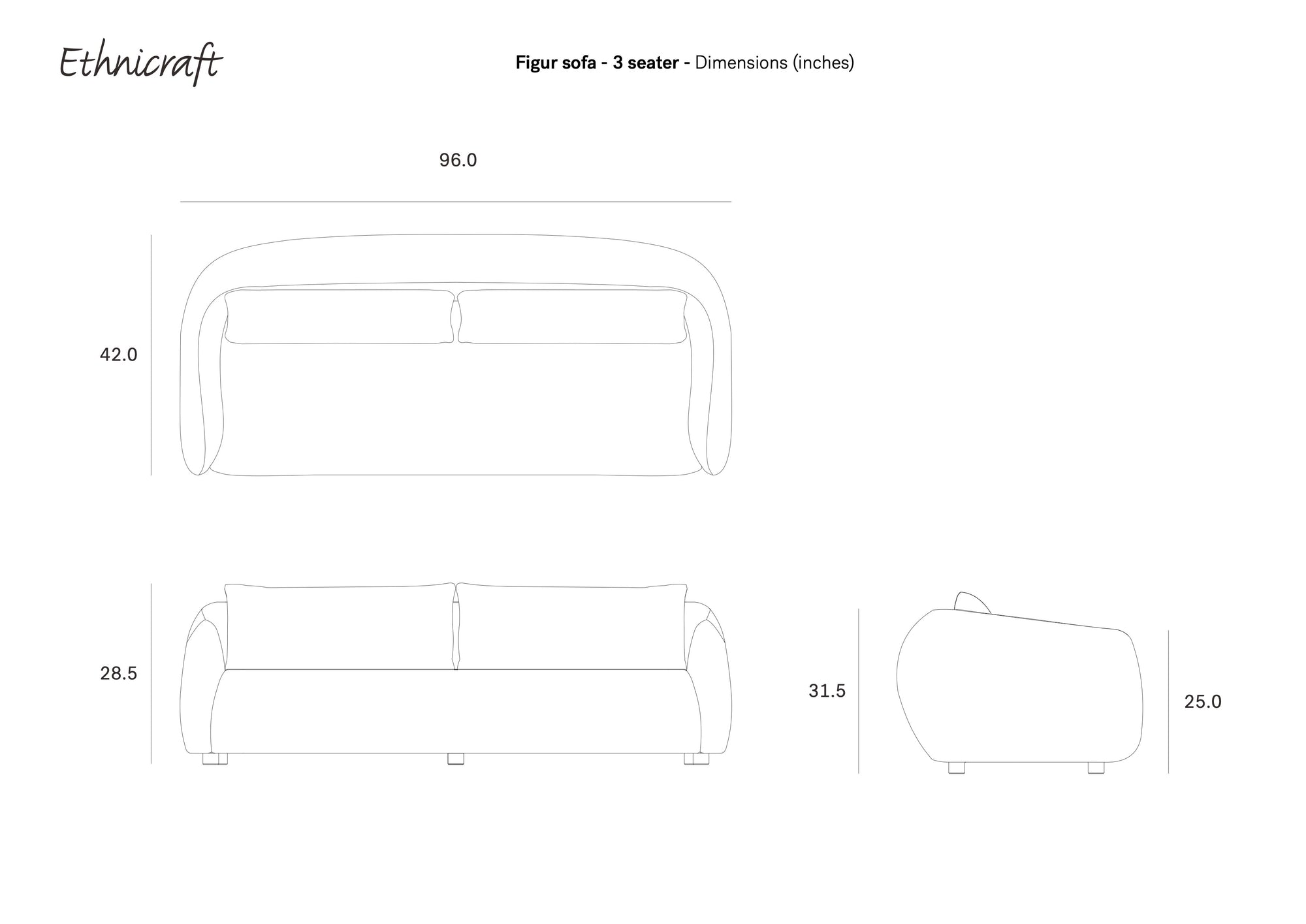 Line drawing of Ethnicraft’s Figur Sofa, a Contour 3-seater for modern living. Shown in top, front, and side views. Dimensions (inches): 96W x 42D x 28.5H; seat height 17, arm height 25, seat depth 31.5.