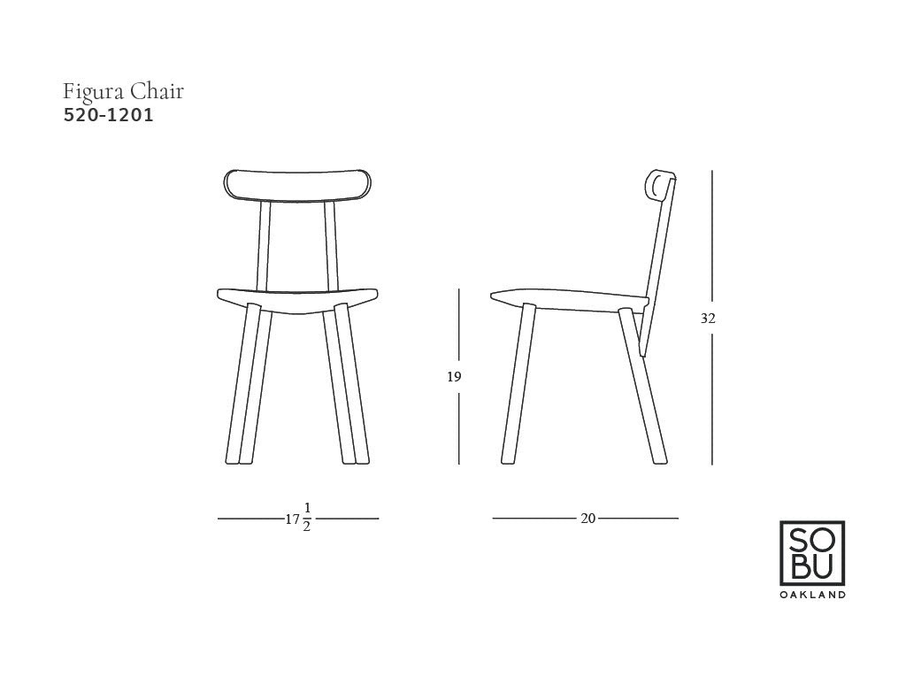 Line drawing of the Figura Dining Chair | Light Oak by Wooden Stories, shown front and side with labeled dimensions: seat height 19&quot;, back height 32&quot;, seat width 17.5&quot;, seat depth 20&quot;. Logos for “Figura Chair” and “Wooden Stories” included.