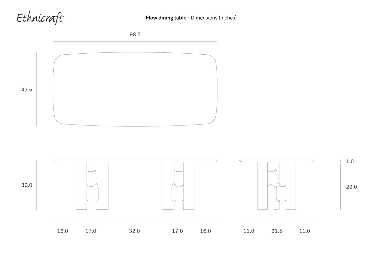 Technical line drawing of the Flow Dining Table | Mahogany Rose Brown, showing top and side views with measurements in inches.