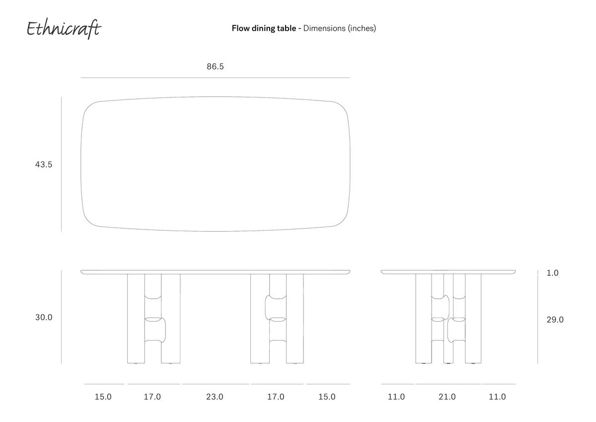 Technical line drawing of an Ethnicraft Flow Dining Table | Mahogany Rose Brown, showing top, front, and side views with dimensions in inches.