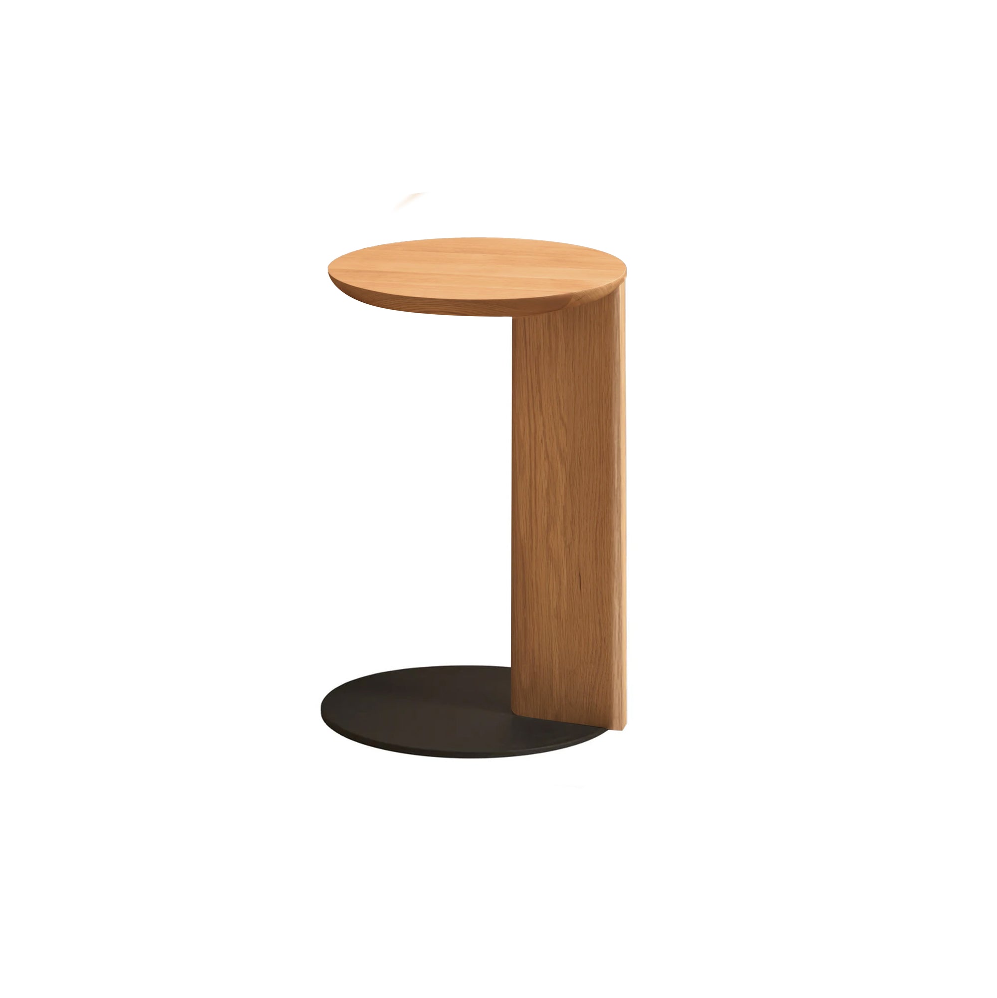The Guild Side Table | Light Oak by Wooden Stories features a round solid oak top and vertical wooden support with a black, semi-circular base—a minimalist, contemporary piece perfect as a laptop table.