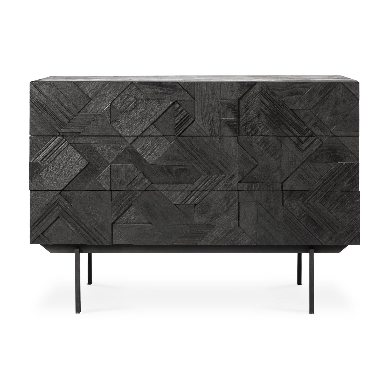 Ethnicraft's Graphic Dresser DISCONTINUED is a modern black-stained teak piece with three drawers featuring a geometric textured front and slim black metal legs.