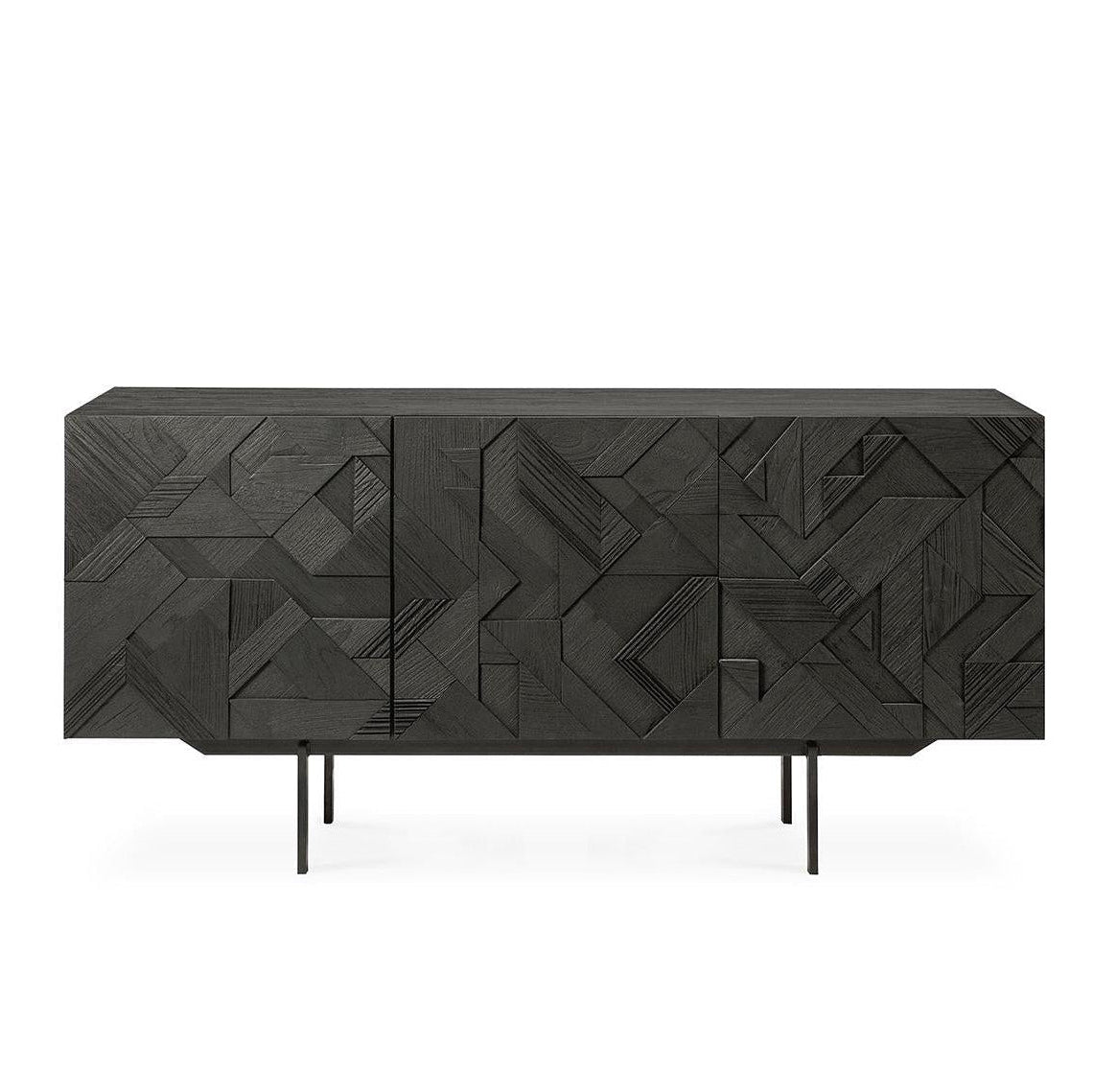 The Ethnicraft Graphic Sideboard - 3 door features intricate geometric patterns on black cabinet doors and slim black metal legs, creating a modern look against a white backdrop.