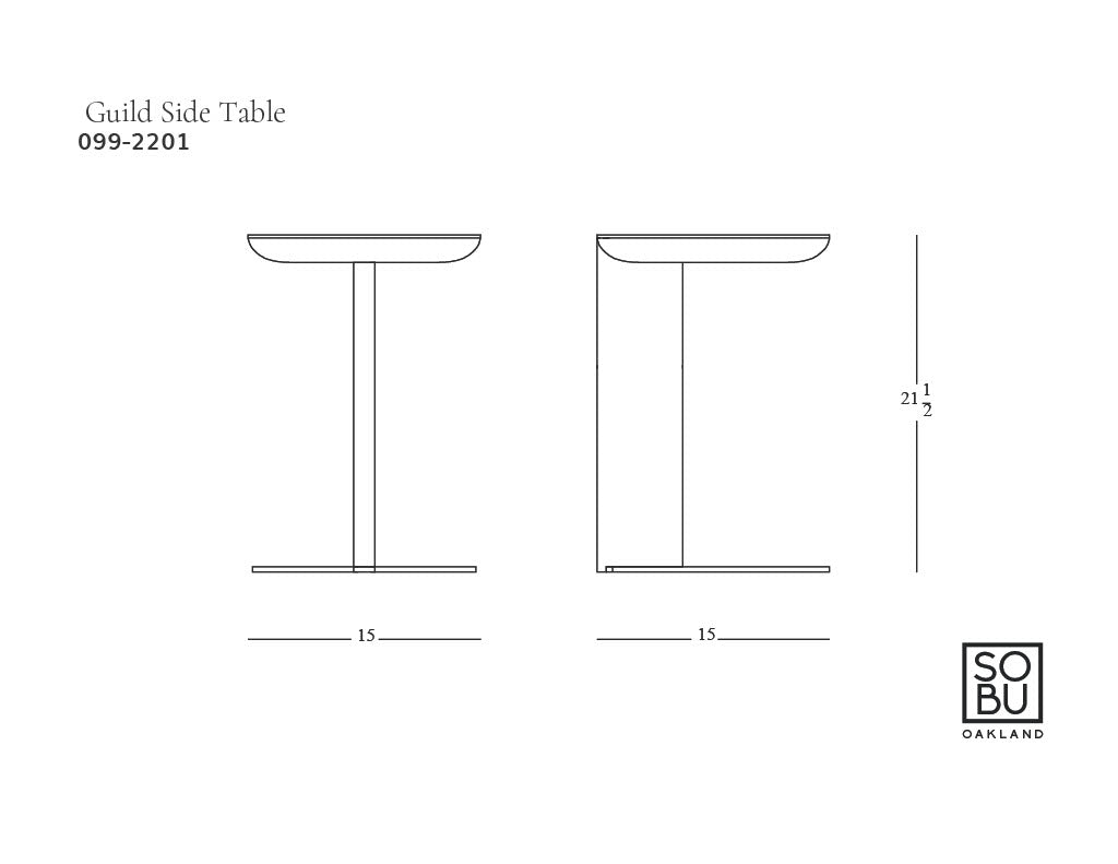 Minimalist line drawing of the Guild Side Table | Espresso Oak by Wooden Stories, featuring a round top, central support, steel base, and dimensions of 15"W x 15"D x 21.5"H. "Guild Side Table" and "SOBU OAKLAND" are labeled on the image.