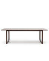 The Hover Dining Table | Espresso Oak by Wooden Stories is a minimalist, rectangular solid oak table with a dark brown finish and sturdy open-base legs, shown against a plain white background.
