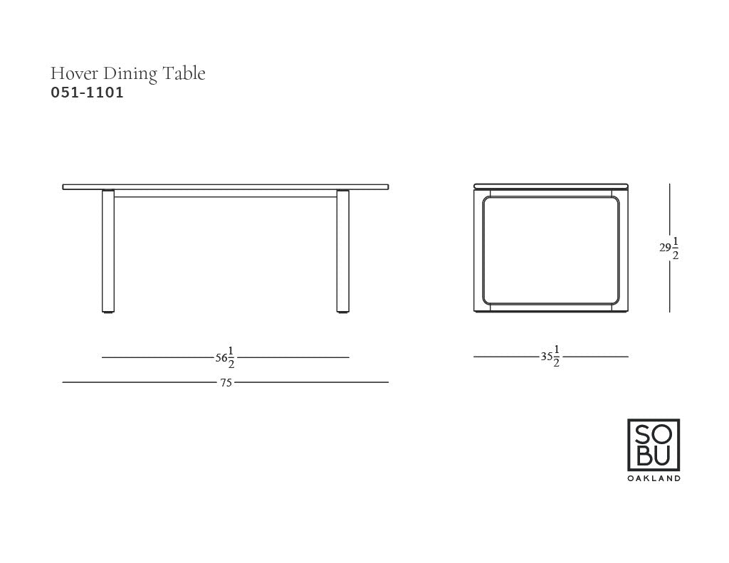 Line drawing of the Hover Dining Table | Light Oak by Wooden Stories, showing elegant Danish lines in front and side views. Dimensions: 75&quot;L x 35.5&quot;W x 29.5&quot;H. SOBU Oakland logo at bottom right; product ID 051-1101 at top left.