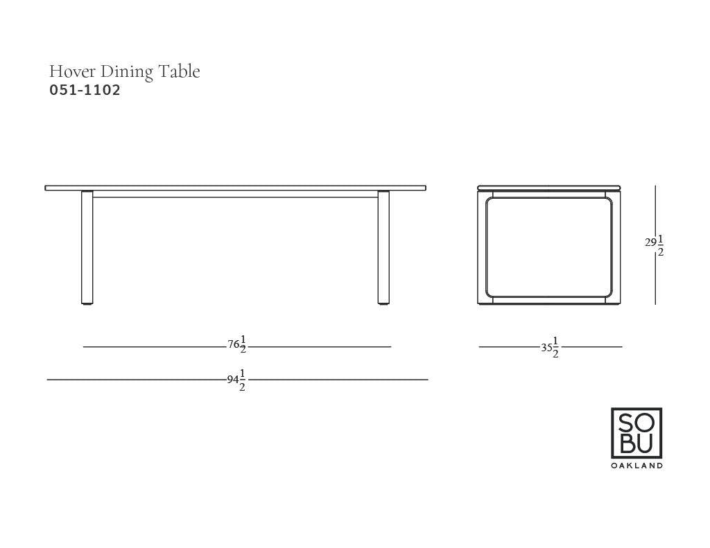 Line drawing of the Hover Dining Table | Light Oak by Wooden Stories displays Danish lines, side and end views with dimensions: 76.5&quot;L x 35.5&quot;W x 29.5&quot;H—ideal for any dining room. Wooden Stories logo appears in the bottom right corner.