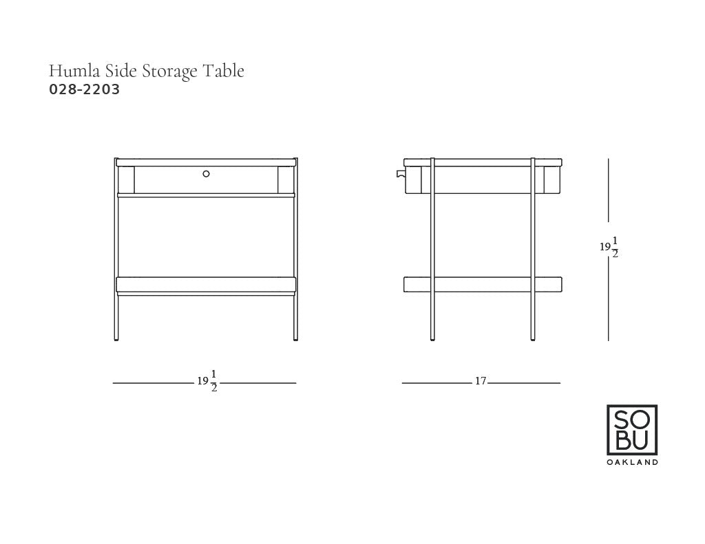 Line drawing of the Wooden Stories Humla Side Table With Storage, front and side views with dimensions: 19.5" W x 17" D x 19.5" H. Solid wood table includes a drawer, shelf, and Wooden Stories Oakland logo at bottom right.