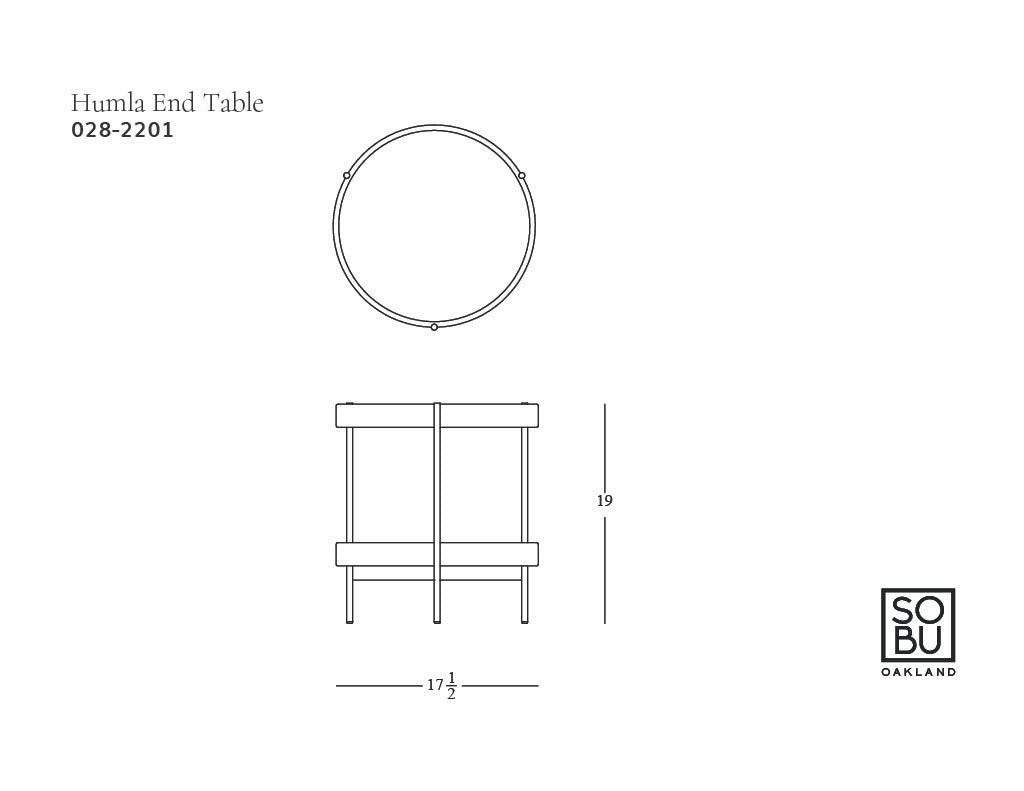 Line drawing of the Humla Round Side Table by Wooden Stories, inspired by Danish design. Top and side views shown with dimensions: 19" tall x 17.5" wide. SOBU Oakland logo in bottom right corner.