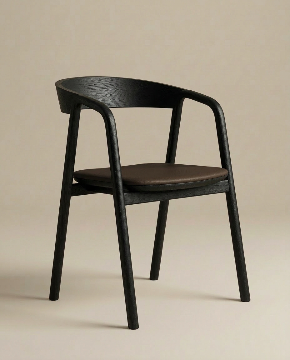 The Wooden Stories Inlay Dining Chair in black oak and leather features a curved backrest and cushioned brown leather seat, set against a plain beige background.