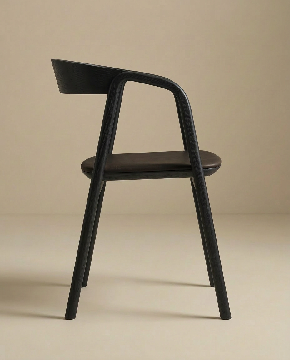 The Inlay Dining Chair by Wooden Stories features a minimalist profile in black oak and leather, with a curved backrest, photographed in profile against a beige background.