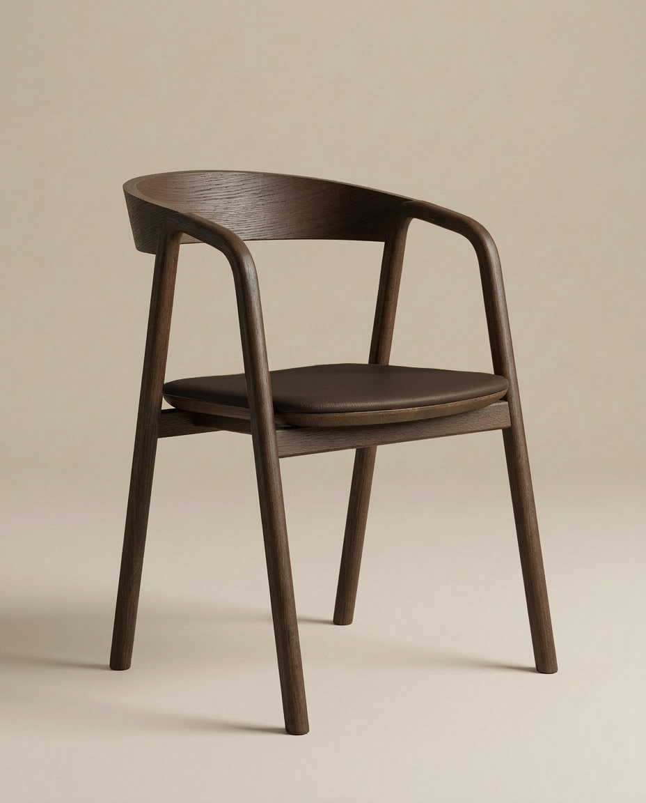 The Inlay Dining Chair by Wooden Stories features espresso oak, a leather cushioned seat, curved backrest, and armrests, shown against a plain beige background.