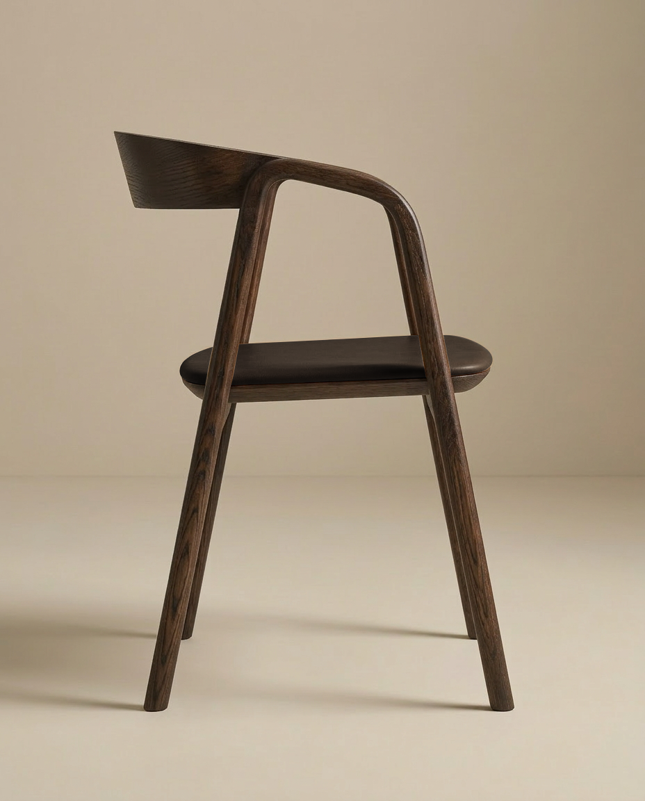 The Inlay Dining Chair by Wooden Stories features espresso oak, leather accents, and sculptural curves. Part of the Danish Collection, it is shown in profile against a beige background with a curved backrest and seat.