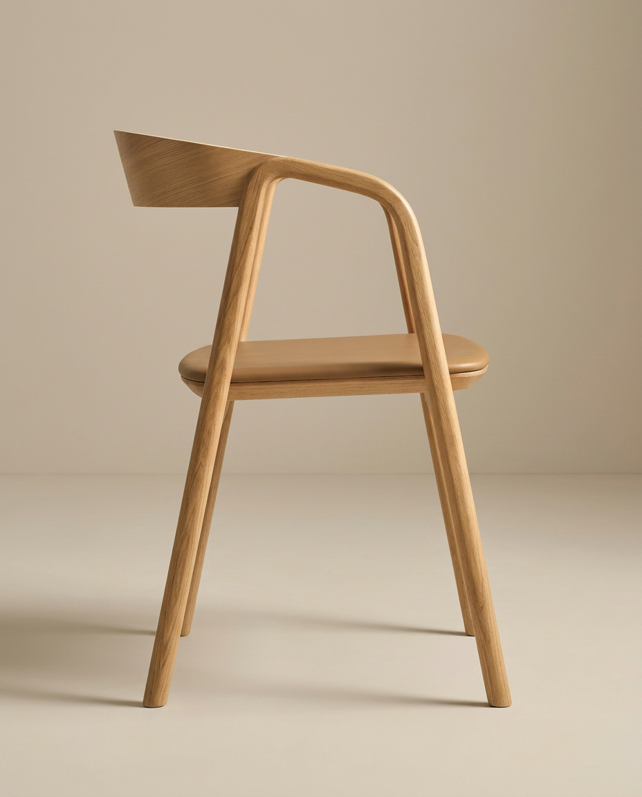 The Wooden Stories Inlay Dining Chair | Light Oak and Leather features a curved backrest, minimalist design, smooth rounded edges, and a light solid oak finish, set against a neutral beige background.