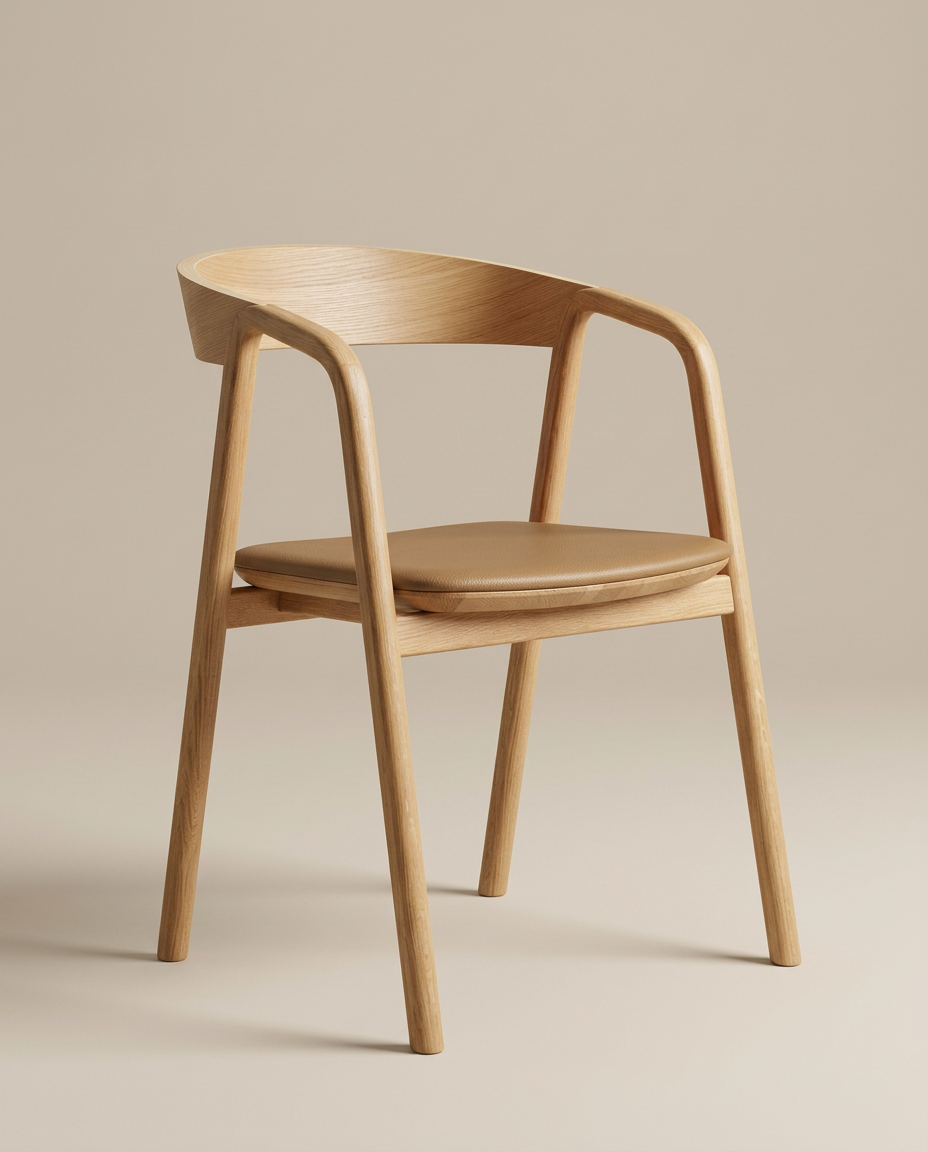 The Inlay Dining Chair by Wooden Stories features light oak, a curved backrest with armrests, a light brown leather cushioned seat, and four straight legs, all showcased against a neutral beige backdrop.