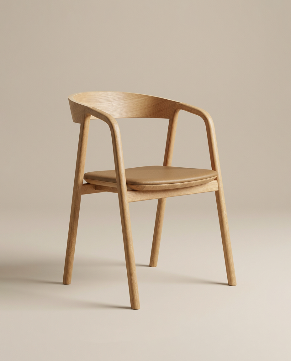 The Inlay Dining Chair | Leather by Wooden Stories is a modern wooden chair from the Danish Collection, crafted from solid oak with a curved backrest, armrests, and a padded leather seat, showcased against a beige background.