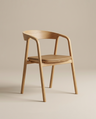 The Inlay Dining Chair | Leather by Wooden Stories is a modern wooden chair from the Danish Collection, crafted from solid oak with a curved backrest, armrests, and a padded leather seat, showcased against a beige background.
