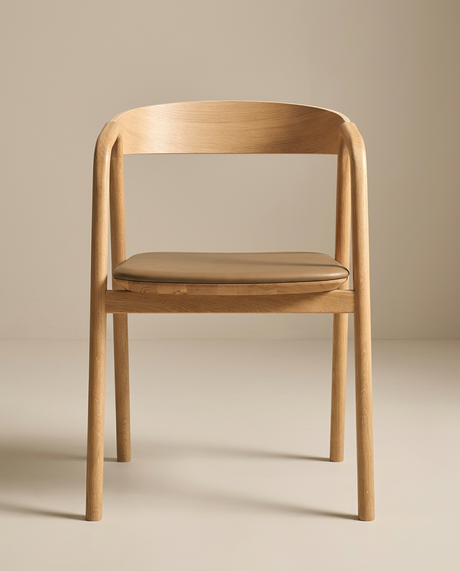 The Wooden Stories Inlay Dining Chair | Light Oak and Leather features curved armrests and a light brown cushioned seat, set on a neutral floor with a beige background.