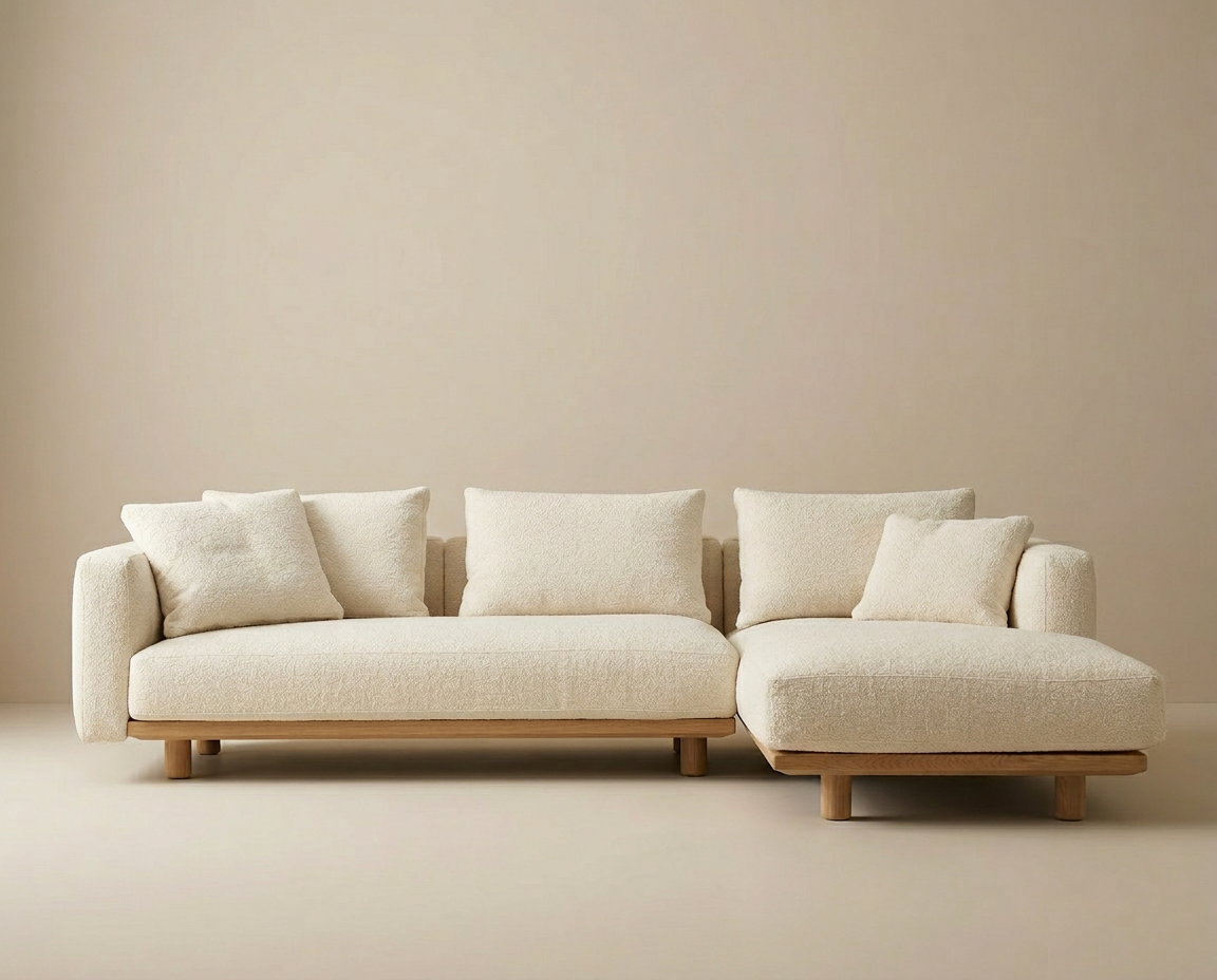 The Islet Sofa | Fabric by Wooden Stories is a modern, minimalist cream-colored sectional with wooden legs and four matching cushions, placed against a beige wall and floor.