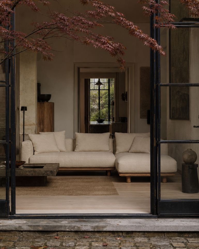 A serene, modern living room with the Islet Modular Sofa | Fabric • M1 by Wooden Stories in beige, durable upholstery, a wooden coffee table, and textured rug. Red-leaved tree frames open glass doors as natural light fills the space.
