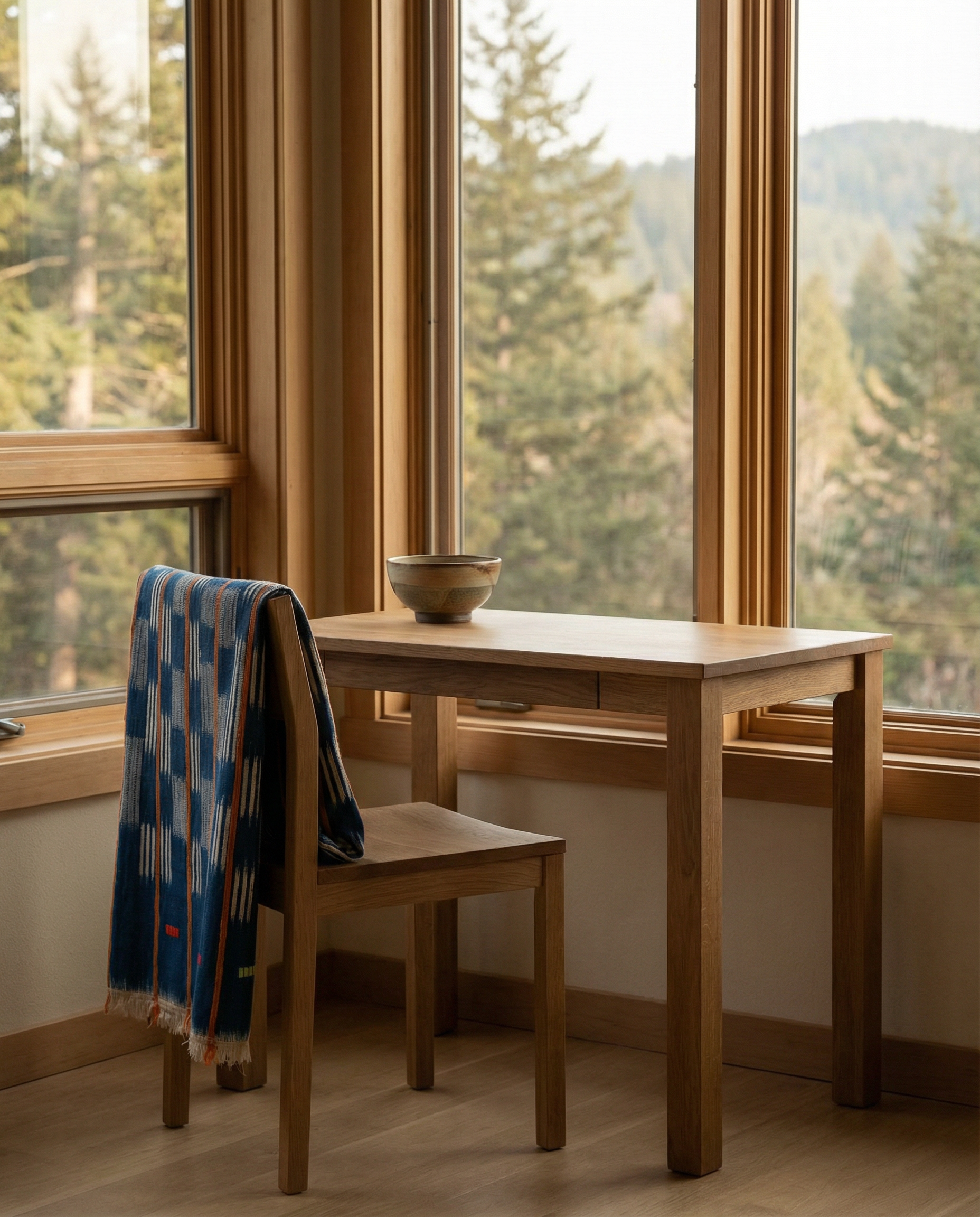 A table and chair in a sunlit room are accented by the Indigo Horizon — Vintage Baule Cloth Throw from Riad Jardin Des Biehn, adding rich indigo African textile texture to the serene setting.