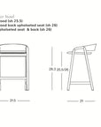 Line drawing of the Wooden Stories Inlay Counter Stool | Wood Seat in solid oak, shown from front and side with labeled dimensions, curved backrest, angled legs, seat heights, model numbers, and SOBO Oakland logo.