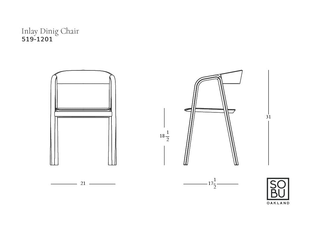 Black and white line drawing of the Inlay Dining Chair | Light Oak and Leather by Wooden Stories, with upholstered seat and plywood backrest, showing front and side views plus dimensions: 21"W x 17.5"D x 31"H, seat height 18.5".