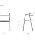 Black and white line drawing of the Inlay Dining Chair | Light Oak and Leather by Wooden Stories, with upholstered seat and plywood backrest, showing front and side views plus dimensions: 21"W x 17.5"D x 31"H, seat height 18.5".