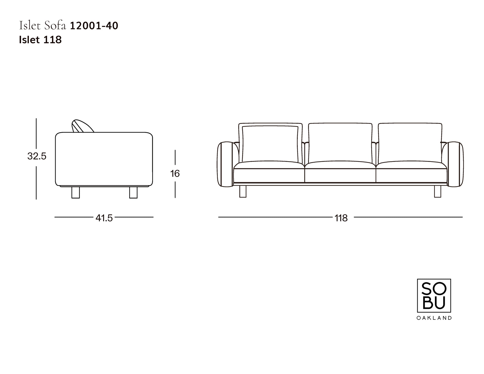Line drawing of a three-seat Islet Sofa | Fabric by Wooden Stories with measurements: 32.5" H, 41.5" D, 118" W, and 16" seat height; includes side and front views. “Wooden Stories” logo in the bottom right corner.