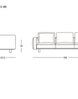 Line drawing of a three-seat Islet Sofa | Fabric by Wooden Stories with measurements: 32.5" H, 41.5" D, 118" W, and 16" seat height; includes side and front views. “Wooden Stories” logo in the bottom right corner.