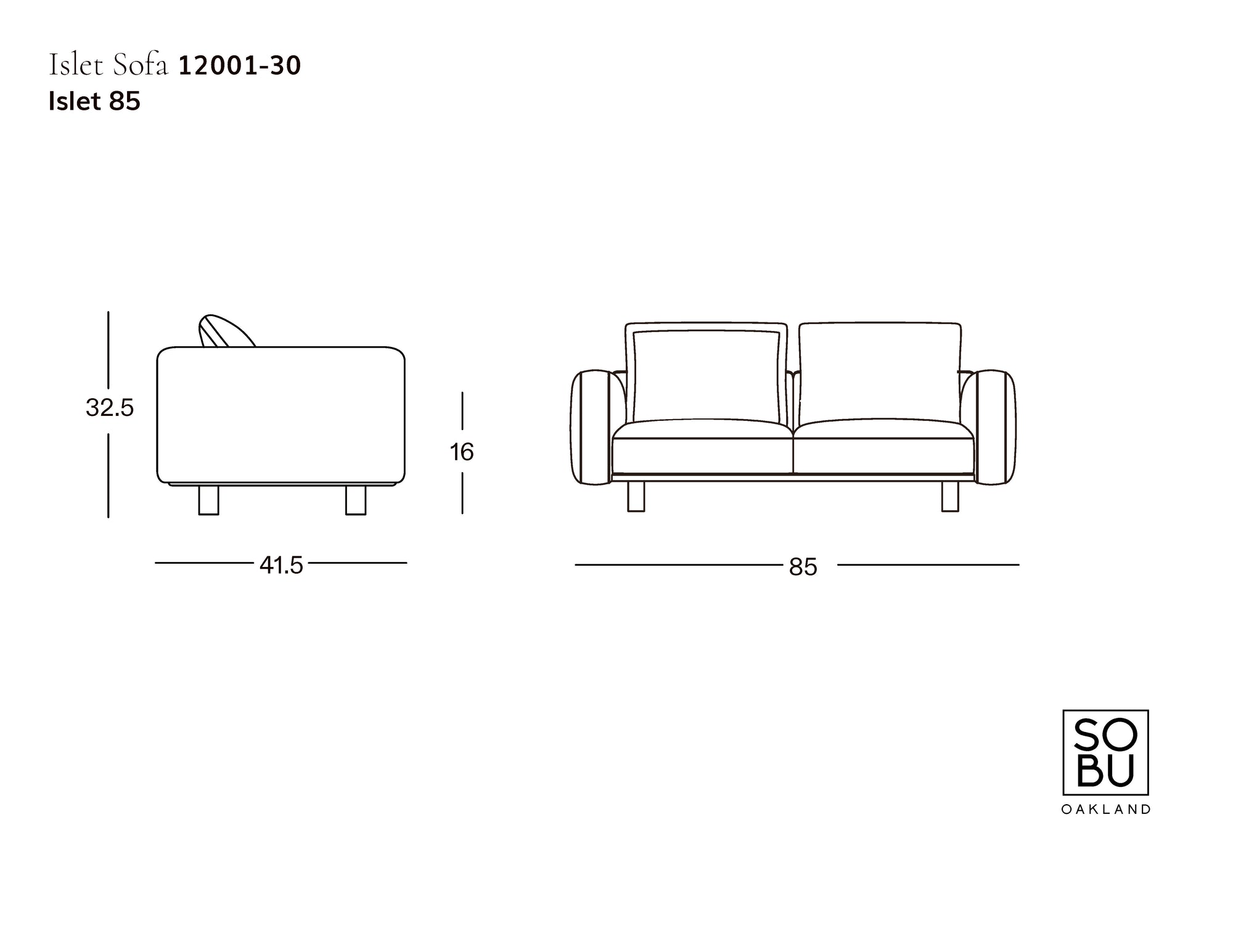 Line drawing of the Islet Sofa | Leather by Wooden Stories, a modular sofa with solid oak platform, shown in front and side views with dimensions: 85" W, 41.5" D, 32.5" H, seat height 16". SOBU Oakland logo in lower right corner.