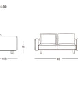 Line drawing of the Islet Sofa | Leather by Wooden Stories, a modular sofa with solid oak platform, shown in front and side views with dimensions: 85" W, 41.5" D, 32.5" H, seat height 16". SOBU Oakland logo in lower right corner.