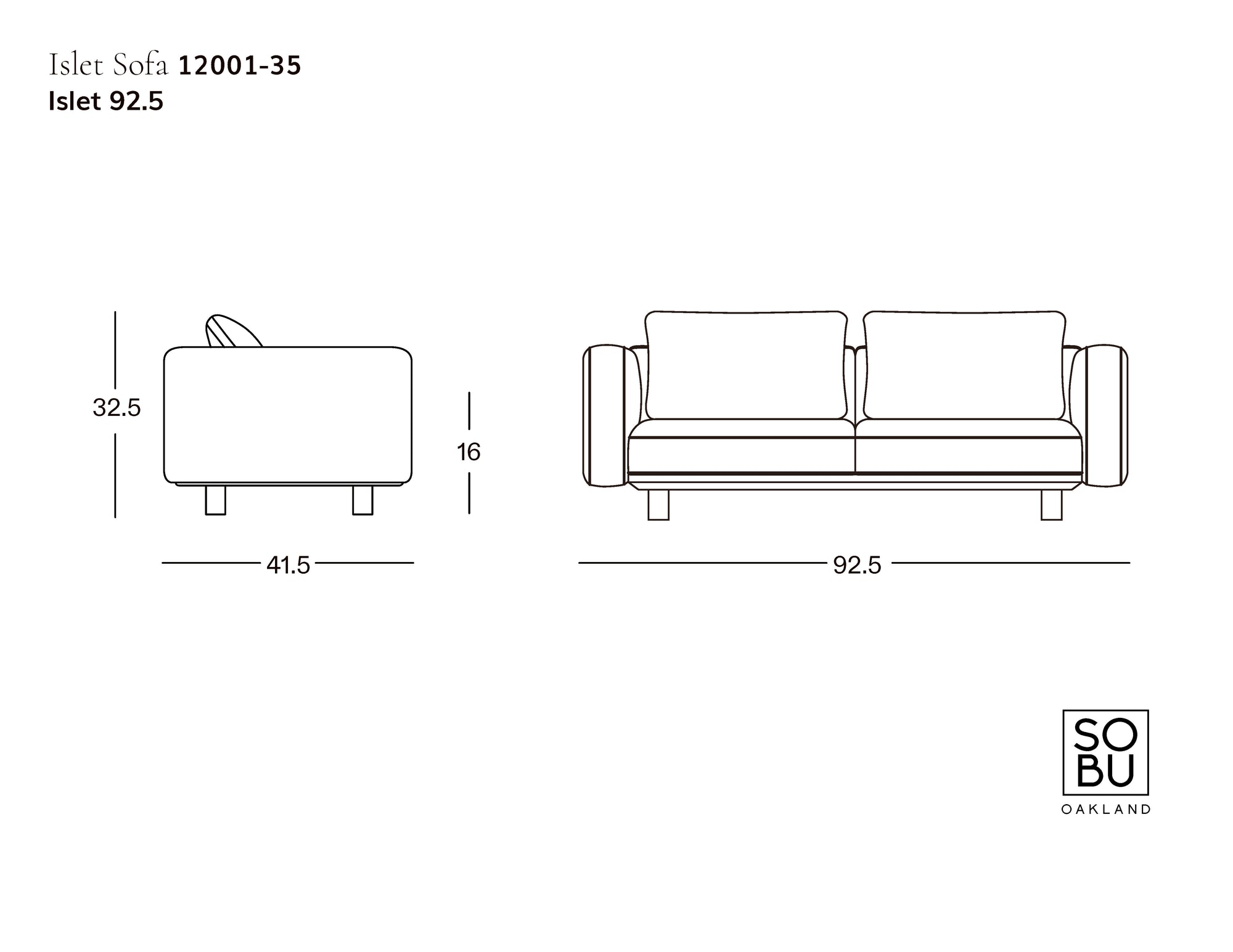 Line drawing of the Islet Sofa | Fabric by Wooden Stories, front and side views labeled: height 32.5", width 92.5", depth 41.5", seat height 16". Shown with two seat cushions, two back pillows. SOBU Oakland logo in corner.