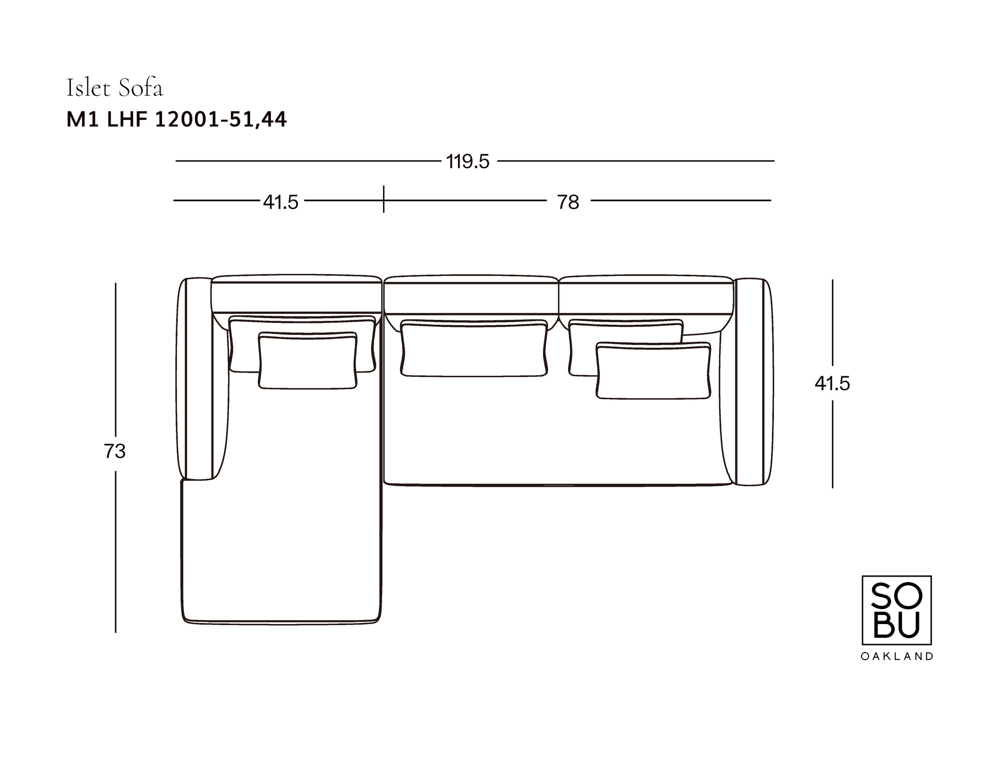 Top-down line drawing of the Islet Modular Sofa | Leather • M1 by Wooden Stories, L-shaped with three cushions, side/back measurements shown on a solid oak platform. Oakland logo bottom right. Sofa: 119.5 x 73 x 41.5 units.