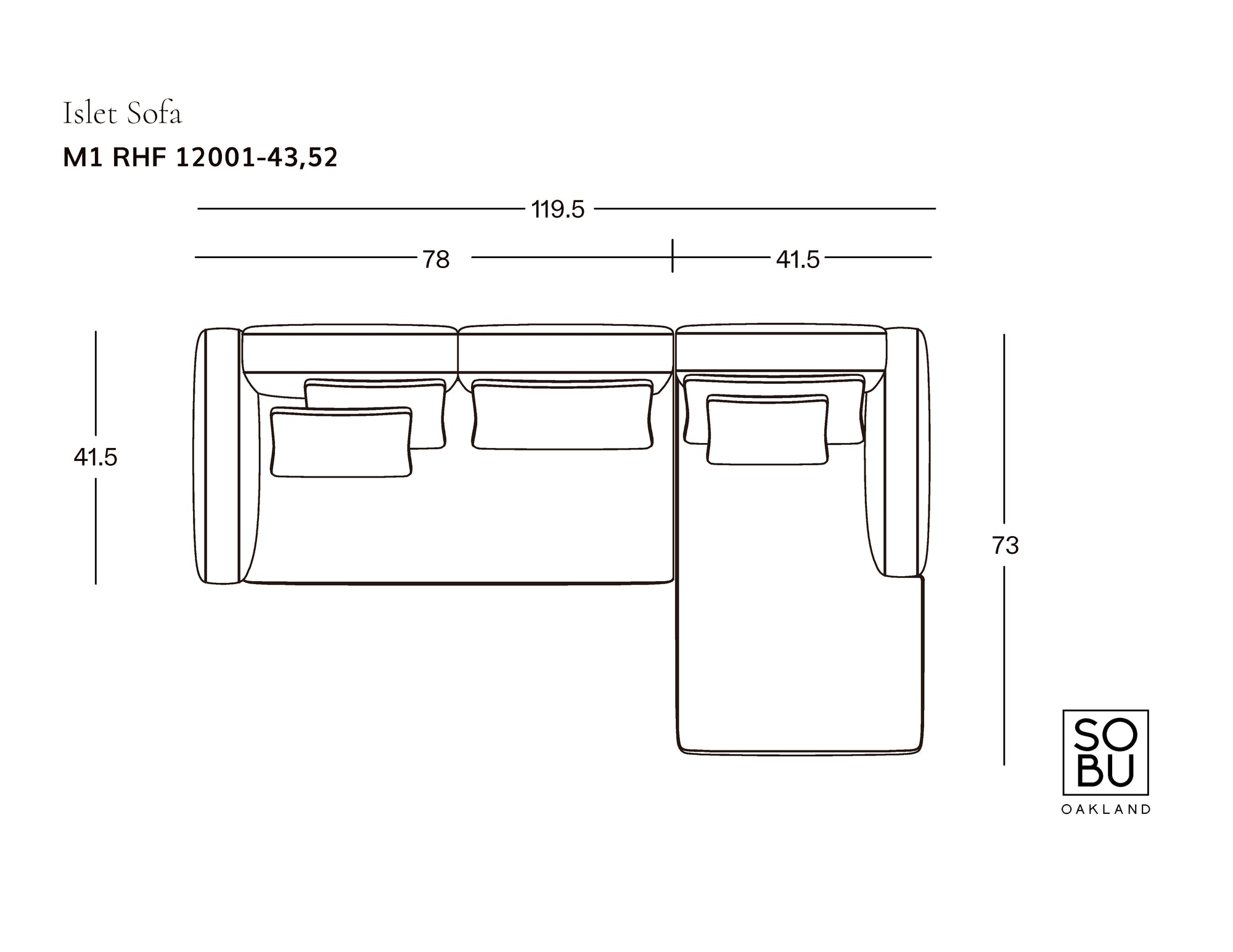 Line drawing of the Islet Modular Sofa | Leather • M1 by Wooden Stories with contract-grade upholstery, 119.5" length, seat sections of 78" and 41.5", depths of 41.5" and 73". Features three cushions, a chaise lounge, and SOBU Oakland logo at bottom right.