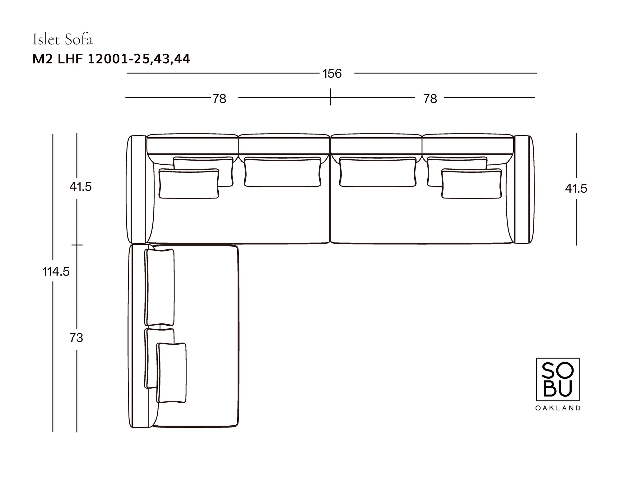 Line drawing of the Wooden Stories Islet Modular Sofa | Leather • M2, shown from above with cushions. Dimensions in cm: 156 × 114.5 (long side), 78 × 73 (short side), height 41.5. SOBU Oakland logo in corner.