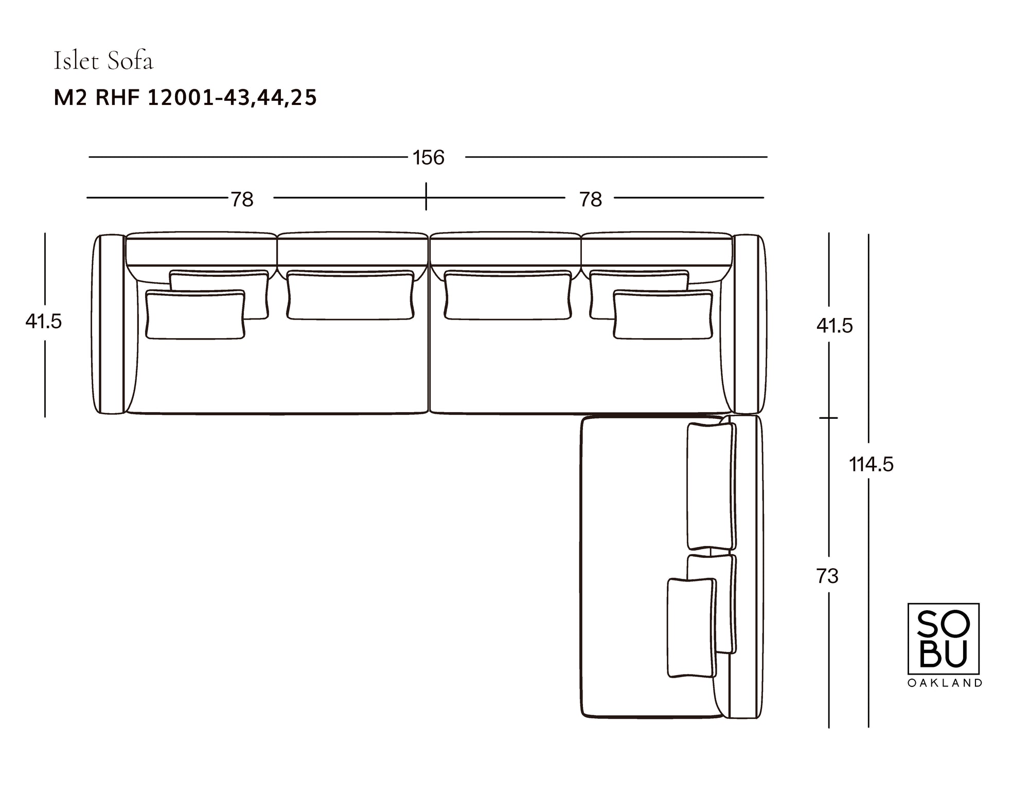 Line drawing of the Islet Modular Sofa | Leather • M2 by Wooden Stories, L-shaped with labeled dimensions: 156 units wide, 114.5 units long, each seat 78 units, sofa depth 41.5 units, chaise depth 73 units. Solid oak platform; Wooden Stories logo in corner.