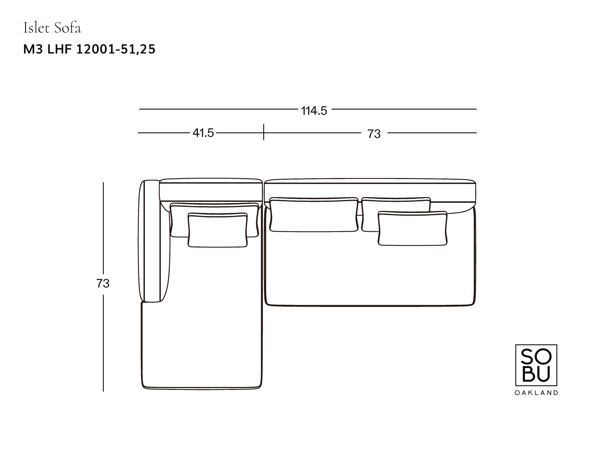 Top view line drawing of the Islet Modular Sofa | Leather • M3 by Wooden Stories, showing three seat and back cushions, L-shape with chaise (41.5 cm), 114.5 cm width, 73 cm depth; measurements in centimeters. SOBU Oakland logo in corner.