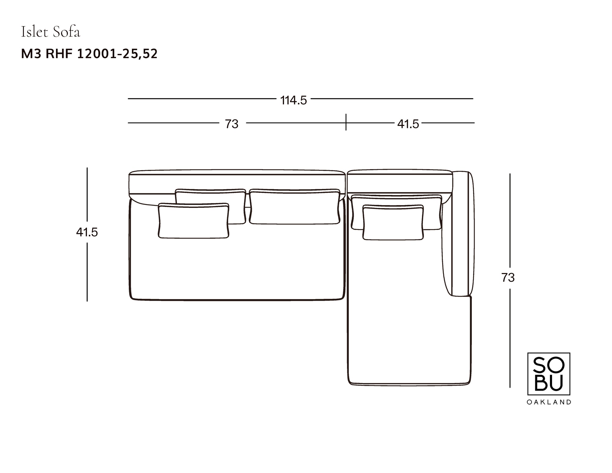 Line drawing of the Islet Modular Sofa | Leather • M3 by Wooden Stories, showing labeled dimensions (114.5" wide, 73" deep, back heights and 41.5" width), cushions, solid oak platform, top-down view, and SOBU Oakland logo bottom right.