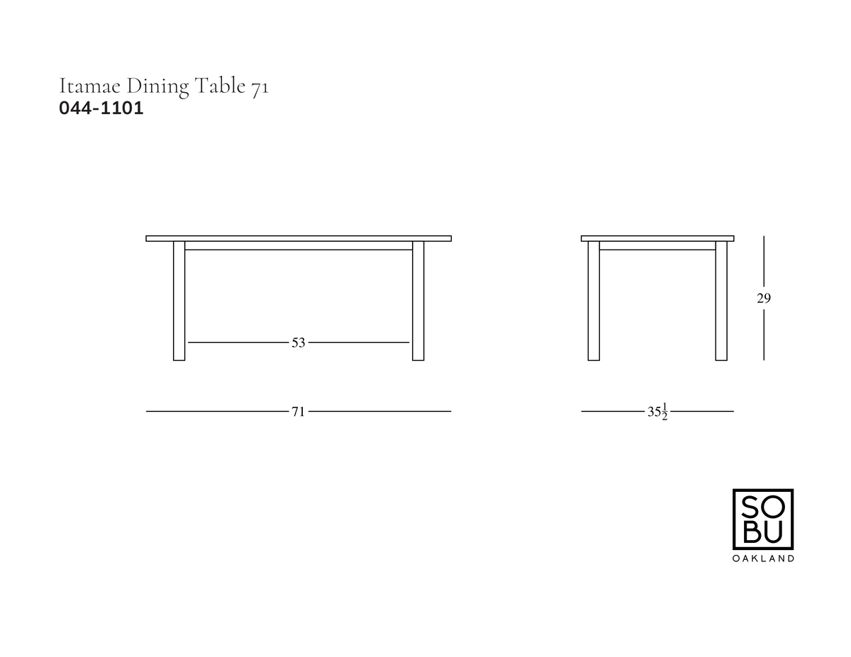 Technical line drawing of the Itamae Dining Table | Espresso Oak, showing front and side views with dimensions in inches.
