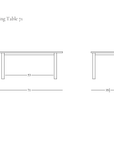 Line drawing of the Itamae Dining Table | Light Oak showing front and side views with dimensions: 71 inches long, 35 1/2 inches wide, 29 inches high, and 53 inches between the legs.