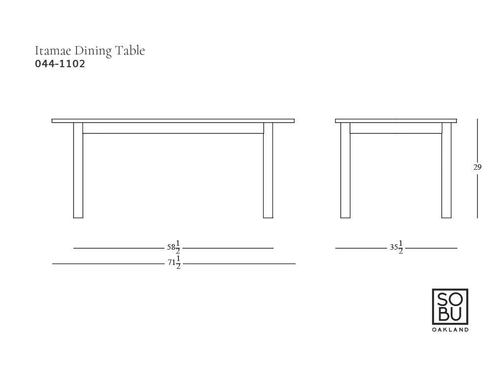Line drawing of the Wooden Stories Itamae Dining Table | Light Oak, shown in side and front views. Dimensions: 71.5" L x 35.5" W x 29" H. Includes meeting table details, product number, and SOBU Oakland logo.