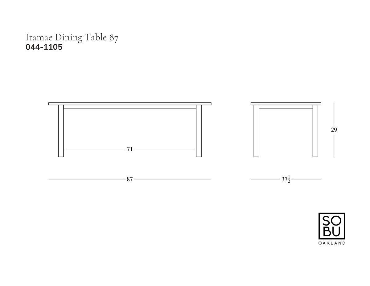 Technical drawing of the Itamae Dining Table | Light Oak, showing front and side views of the rectangular design with dimension labels.
