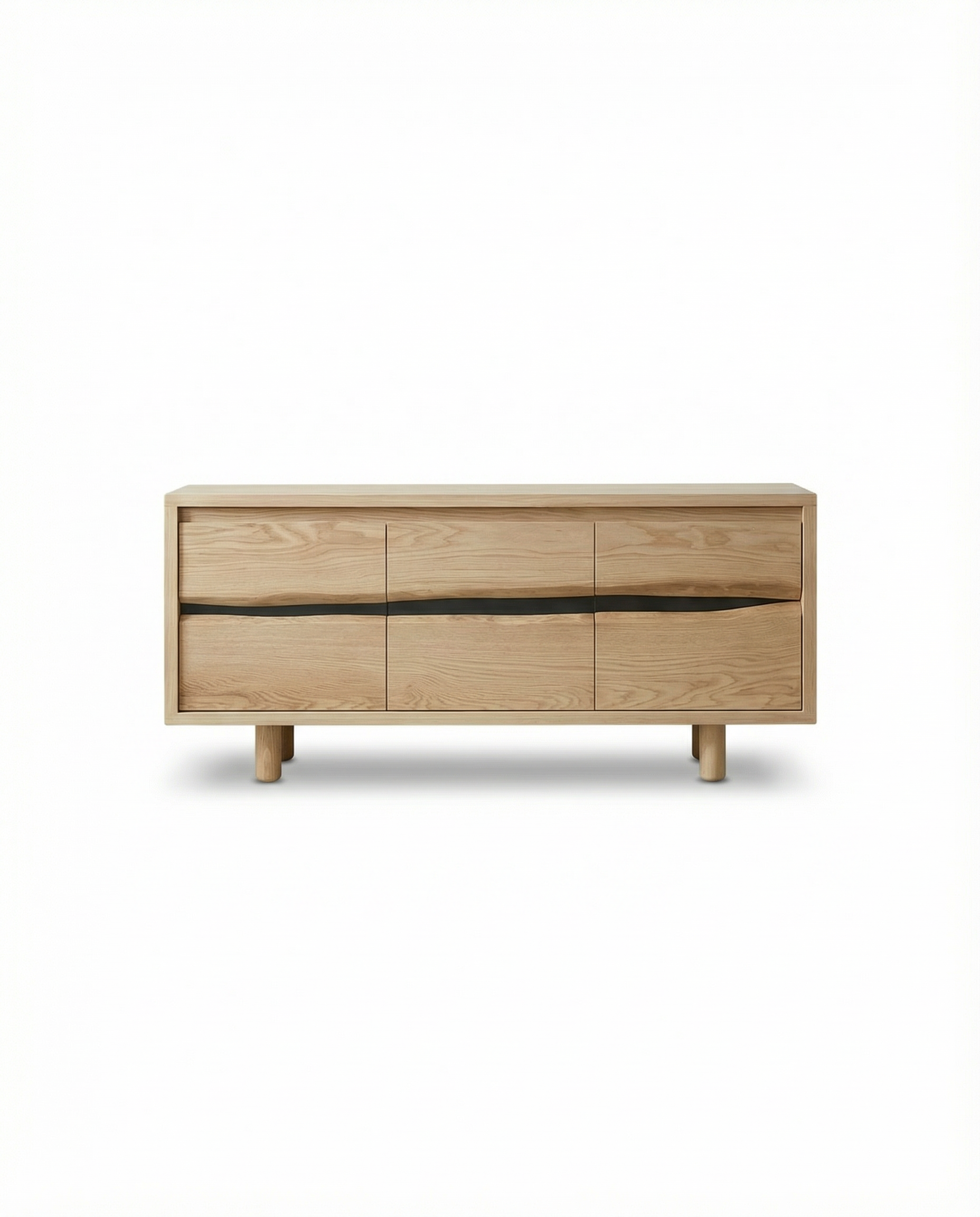 The SOBU Jupiter Sideboard - White Ash 64" is a minimalist solid wood piece with four drawers, two cabinet doors, natural grain, clean lines, and a live edge detail, all set against a crisp white background.
