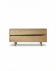 The SOBU Jupiter Sideboard - White Ash 3-door is a minimalist, modern piece with a natural finish and clean lines, crafted from solid American ash and shown against a plain white background.